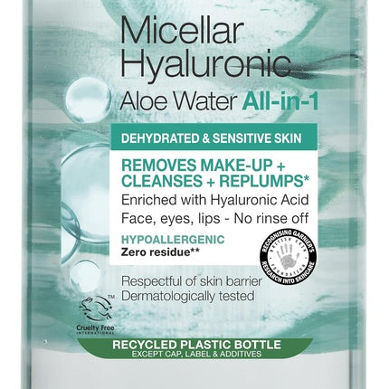 Garnier Micellar Hyaluronic Aloe Cleansing Water For Dehydrated Skin 400ml Replumping Cleanser & Makeup Remover 1 count