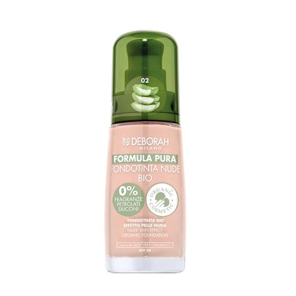 Deborah Milano Pure Nude Bio Foundation Formula 02 Rose Cream with Vitamin C and Aloe Vera SPF 20 Medium Coverage Liquid Texture for Even Radiant Velvet Skin