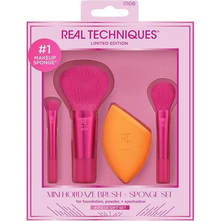 Real Techniques Mini Holidaze Brush and Sponge Kit Makeup Brush and Makeup Blending Sponge Set for Foundation Powder and Eyeshadow Travel Makeup Tools 4 Piece Gift Set