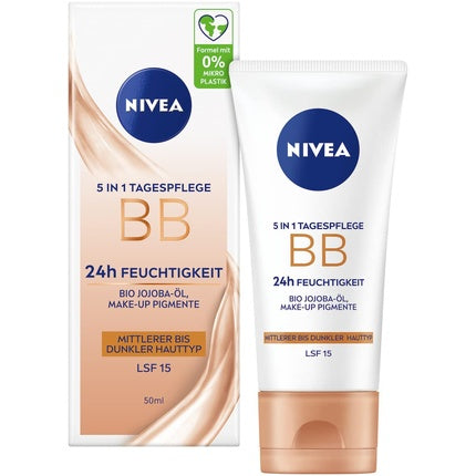 NIVEA 5 IN 1 Day Care BB 24h Moisture SPF 15 Tinted Cream for Medium to Dark Skin Types with Organic Jojoba Oil and Makeup Pigments