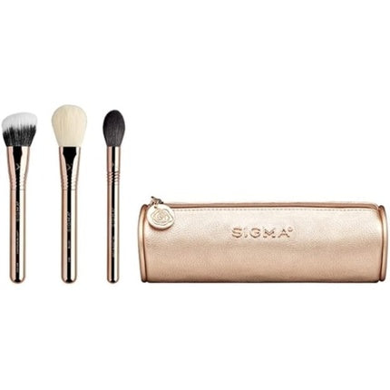Sigma Beauty Bloom + Glow Brush Set 3 Makeup Brushes with Gold Makeup Bag - Blush Brush, Contour Brush, and Setting Powder Brush with Rose Gold Makeup Brush Case