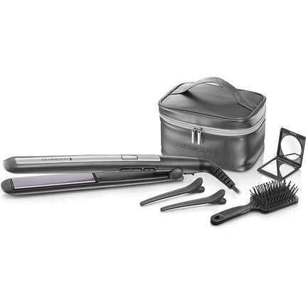 Remington PRO-Ceramic Titanium Hair Straightener Gift Set with Cosmetic Bag, Paddle Brush, Makeup Mirror, Hair Clips - Gray