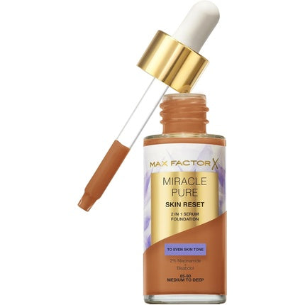 Max Factor Miracle Pure Skin Reset Serum Foundation 85-90 Medium to Deep 2-in-1 Serum Formula Healthy Looking Skin Medium Coverage Satin Matte Finish 2% Niacinamide Dermatologically Tested