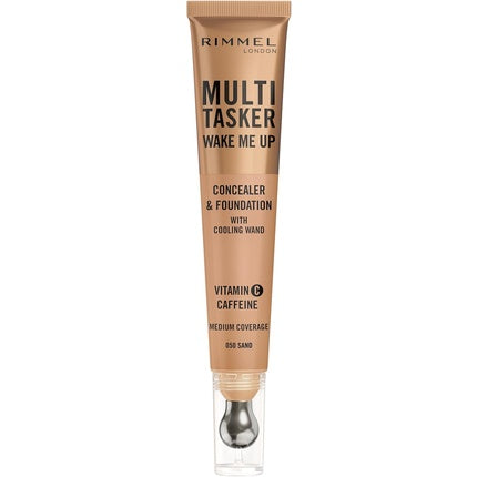 Multi-Tasker Wake Me Up Foundation & Concealer 050 Sand Depuffs Brightens Dark Circles Metallic Cooling Applicator Caffeine Vitamin C 2% Niacinamide Vegan Cruelty Free