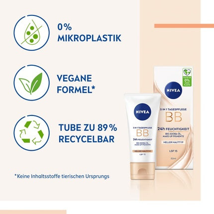 NIVEA 5 IN 1 Day Care BB 24h Moisture SPF 15 Tinted Cream for Light Skin Types with Organic Jojoba Oil and Makeup Pigments