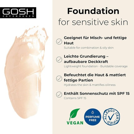 GOSH Foundation with SPF 15 for Light & Dark Skin Vegan Mattifying Makeup for Dry, Sensitive & Oily Skin - 002R