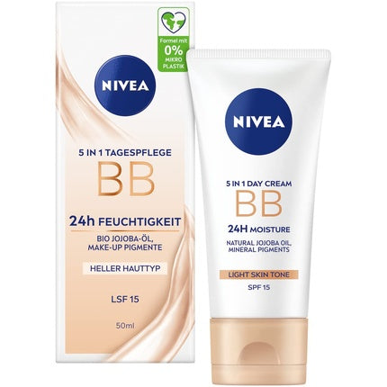 NIVEA 5 IN 1 Day Care BB 24h Moisture SPF 15 Tinted Cream for Light Skin Types with Organic Jojoba Oil and Makeup Pigments