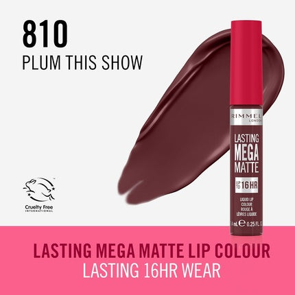 Rimmel London Lasting Mega Matte Liquid Lipstick Long-Lasting Hydrating Vegan Formula 7.4ml 810 Plum This Show