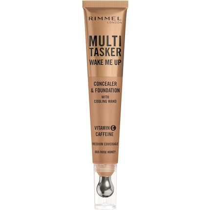 Multi-Tasker Wake Me Up Foundation & Concealer 065 Rose Honey Depuffs & Brightens Dark Circles Metallic Cooling Applicator Caffeine & Vitamin C 2% Niacinamide Vegan Cruelty Free