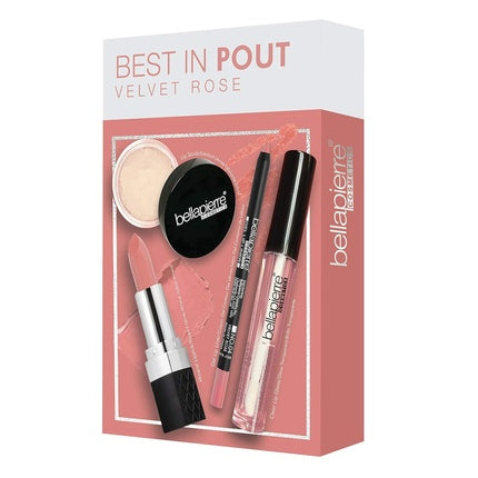 Bellapierre Best in Pout Kit Lip Scrub Mineral Lipstick Gel Lip Liner Clear Lip Gloss Non-Toxic and Paraben Free Oil and Cruelty Free Velvet Rose