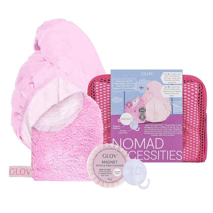GLOV Travel Set for Women 4 in 1 Skincare and Haircare Makeup Remover Towels Microfiber + Hair Turban Hair Towel + Magnet Cleanser Soap + Hook + Cosmetic Bag Travel Gift Set