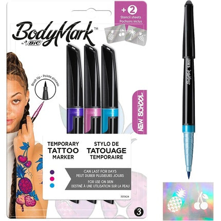 BodyMark by BIC Temporary Tattoos in 3 Colors 'New School' with 2 Stencils