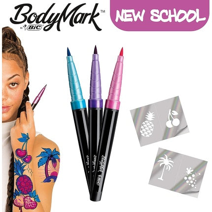 BodyMark by BIC Temporary Tattoos in 3 Colors 'New School' with 2 Stencils