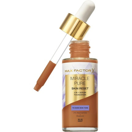 Max Factor Miracle Pure Skin Reset Serum Foundation 90-95 Deep 2-in-1 Serum Formula Medium Coverage Satin Matte Finish 2% Niacinamide Dermatologically Tested
