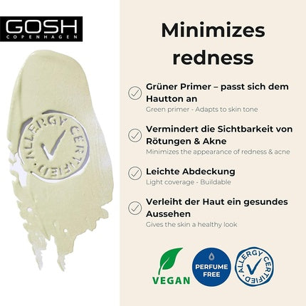 GOSH Primer for Red and Impure Skin Vegan Moisturizing Makeup Primer for Even and Flawless Skin Tone Adjusting Allergy Certified and Fragrance Free