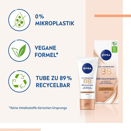 NIVEA 5 IN 1 Day Care BB 24h Moisture SPF 15 Tinted Cream for Medium to Dark Skin Types with Organic Jojoba Oil and Makeup Pigments