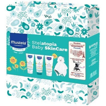 Mustela Stelatopia Baby Skincare Set - Includes Emollient Cream, Cleansing Gel, Emollient Balm, And A Bathrobe