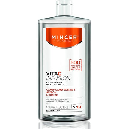 Mincer Pharma Vita C Infusion Regenerating Micellar Water Makeup Remover for All Skin Types with Camu-Camu Extract, Arnica, and Licorice 500ml