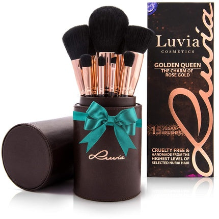 Luvia Makeup Brush Set Golden Queen 15 Kabuki Makeup Brushes Including Makeup Beauty Brush Holder & Travel Makeup Bag for Cosmetic Brushes Professional Brush Set in Brown/Rose Gold - Vegan Cosmetics