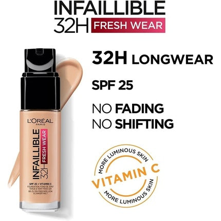 L'Oréal Paris Infallible 32H Fresh Wear Foundation Full Coverage Longwear Weightless Smooth Finish Water Proof Transfer Proof with Vitamin C SPF 25 30ml