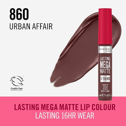 Rimmel London Lasting Mega Matte Liquid Lipstick Long-Lasting Hydrating Vegan Formula 7.4ml 860 Urban Affair