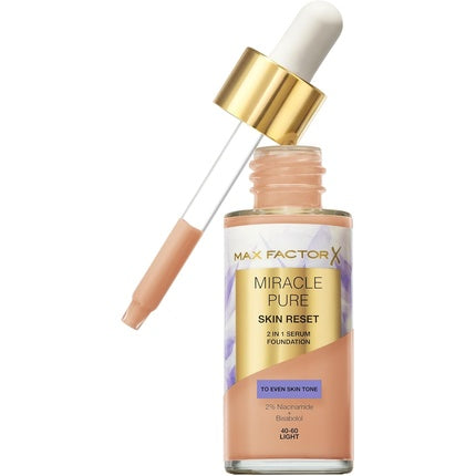 Max Factor Miracle Pure Skin Reset Serum Foundation 40-60 Light 2-in-1 Serum Formula Medium Coverage Satin Matte Finish 2% Niacinamide Dermatologically Tested