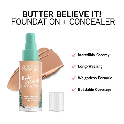 Physicians Formula Murumuru Butter Believe It! Foundation + Concealer with Murumuru Butter, Cupuaçu, and Tucuma for Radiant Glow - Medium Beige