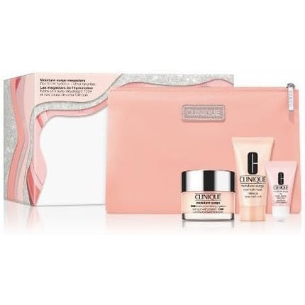 Clinique Moisture Surge Megastars Hydrating Skincare 3 Piece Gift Set: 100H Auto-replenishing Hydrator + Overnight Mask + Lip Hydro-Plump Treatment + Pink Washbag