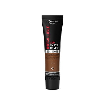 L'Oréal Paris Infaillible 32H Matte Cover Waterproof and Long-Lasting Liquid Foundation with High Coverage and 4% Niacinamide Formula 30ml - Shade 350 Warm