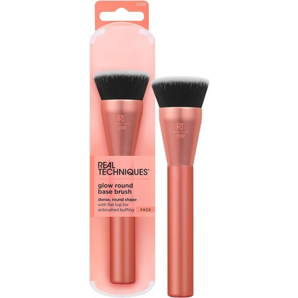 Real Techniques Glow Round Base Makeup Brush for Liquid and Cream Makeup Flat Top Foundation Brush Buffing Blending Coverage Dense Synthetic Bristles Vegan Cruelty Free 1 Count