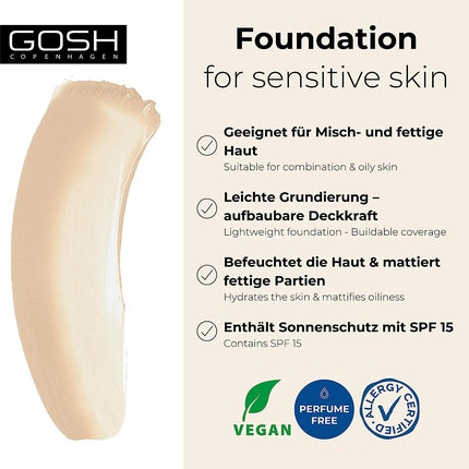 GOSH Foundation with SPF 15 for Light and Dark Skin Vegan Mattifying Makeup for Dry, Sensitive and Oily Skin - 004N