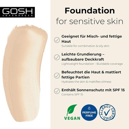 GOSH Foundation with SPF 15 for Light & Dark Skin Vegan Mattifying Makeup for Dry, Sensitive & Oily Skin Smudge and Sweat Resistant Oil-Free Adjustable Coverage No Mask Effect 004Y
