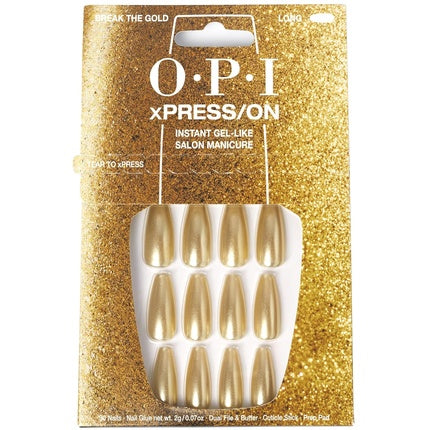 OPI xPRESS/ON Press On Nails Up to 14 Days of Gel-Like Salon Manicure Vegan Sustainable Packaging With Nail Glue Long Gold Shimmery Coffin Shape Nails Break the Gold