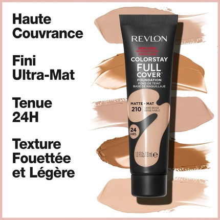 Revlon ColorStay Full Cover Longwear Matte Foundation Heat & Sweat Resistant Lightweight Face Makeup 30ml 210 Sand Beige