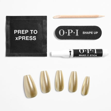 OPI xPRESS/ON Press On Nails Up to 14 Days of Gel-Like Salon Manicure Vegan Sustainable Packaging With Nail Glue Long Gold Shimmery Coffin Shape Nails Break the Gold