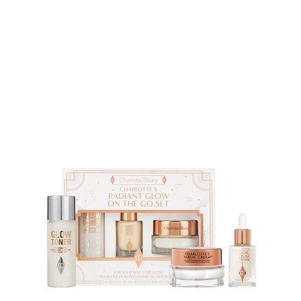 Charlotte Tilbury Radiant Glow On The Go Set - Includes Magic Hyaluronic Acid Illuminating Cream 15 Ml, Magic Moisturizing Plumping Serum 8 Ml, And Glow Exfoliating Cleansing Toner