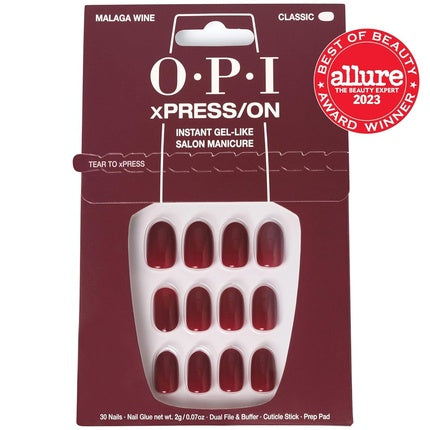 OPI xPRESS/ON Press On Nails Up to 14 Days of Wear Gel-Like Salon Manicure Vegan Sustainable Packaging With Nail Glue Short Red Nails Malaga Wine