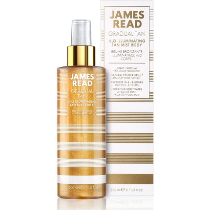 James Read H20 Illuminating Tan Mist for Body 200ml Light/Medium Gradual Self Tan Natural Golden Glow Rose Water Tanning Mist Infused with 24K Gold Suitable for All Skin Tones