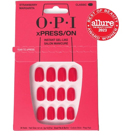 OPI xPRESS/ON Press On Nails & Cuticle Oil 30 Pcs Reusable False Nails with up to 14 Days of Wear Deeply Nourishing Gel-Like Salon Manicure Red/Pink Nail Polish Strawberry Margarita