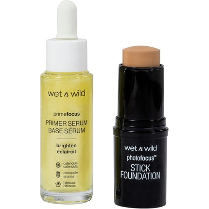 Wet n Wild Glow Me Up Set Brightening Face Primer Serum & Photo Focus Stick Foundation Soft Beige Shade Radiance Boost Intense Moisture