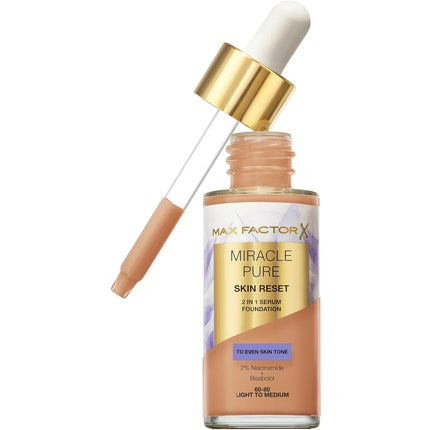 Max Factor Miracle Pure Skin Reset Serum Foundation 60-80 Light to Medium 2-in-1 Serum Formula Healthy Looking Skin Medium Coverage Satin Matte Finish 2% Niacinamide Dermatologically Tested