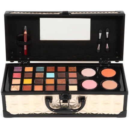 MYA Travel Baguette Professional Makeup Case with 20 Eye Shadows, 4 Lip Glosses, Compact Powder, Eye Pencil, Brush and Applicators