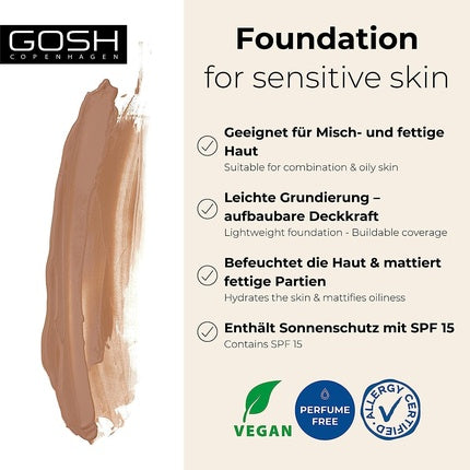 GOSH Foundation with SPF 15 for Light and Dark Skin Vegan Mattifying Makeup for Dry, Sensitive and Oily Skin - 016N