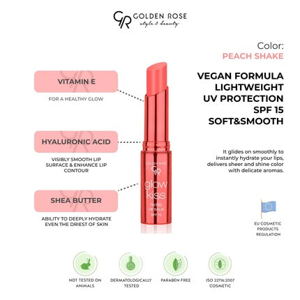 Golden Rose Cosmetics Glow Kiss Tinted Lip Balm with SPF15 Vegan Formula Peach Shake