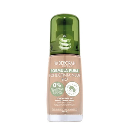 Deborah Milano Pure Nude BIO Foundation Formula with Vitamin C and Aloe Vera SPF 20 Liquid Texture Medium Coverage for Even Radiant Velvety Skin Green 30ml
