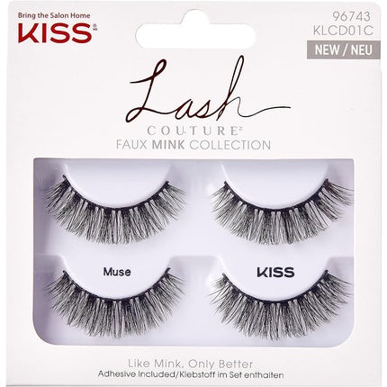 KISS Lash Couture Faux Mink Collection Double Pack of False Lashes Muse Ultrafine Tapered Synthetic Fake Lashes with Lash Glue Black 2 Pair
