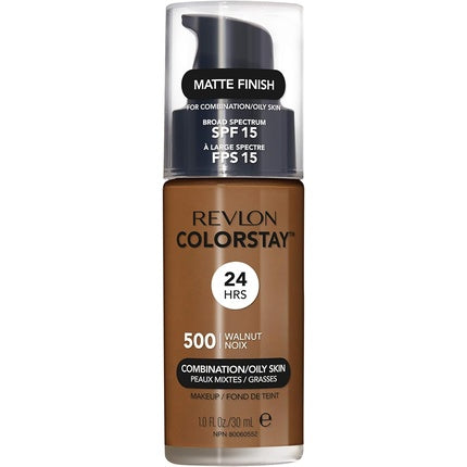 Revlon Colorstay Liquid Foundation Makeup for Combination/Oily Skin SPF 15 Longwear Medium-Full Coverage with Matte Finish 30ml 500 Walnut