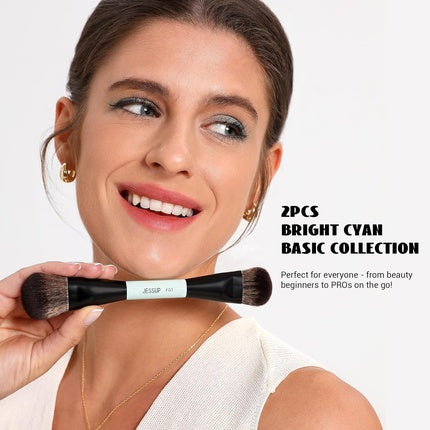 Jessup Makeup Brush Set Double Ended Brushes for Foundation Contour Dual Eye Blending Multi-functional Travel Bright Cyan T502