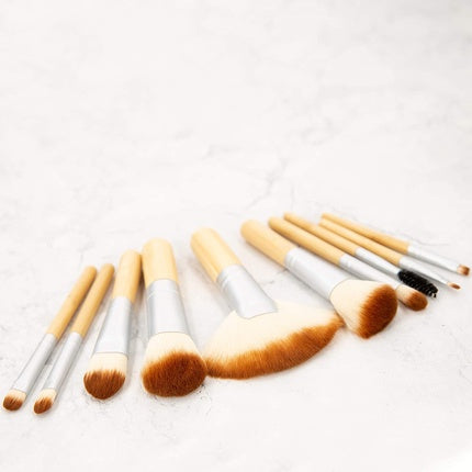 T4B MIMO Set Travel Size Bamboo Makeup Brushes With Cotton Case 10 Pieces Brown