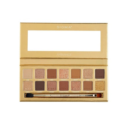Sigma Beauty Ambiance Eyeshadow Palette Luminous Neutral and Gold Glitter Eyeshadow Palette with Mirror and Applicator 14 Eye Makeup Shades in Warm Matte Shimmer and Metallic